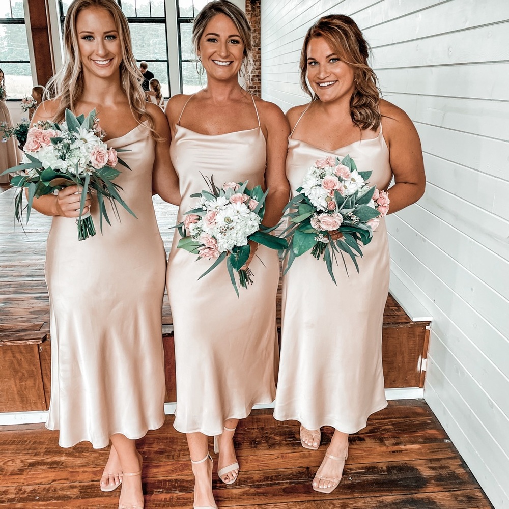 MUMU Verona cow neck champagne dress